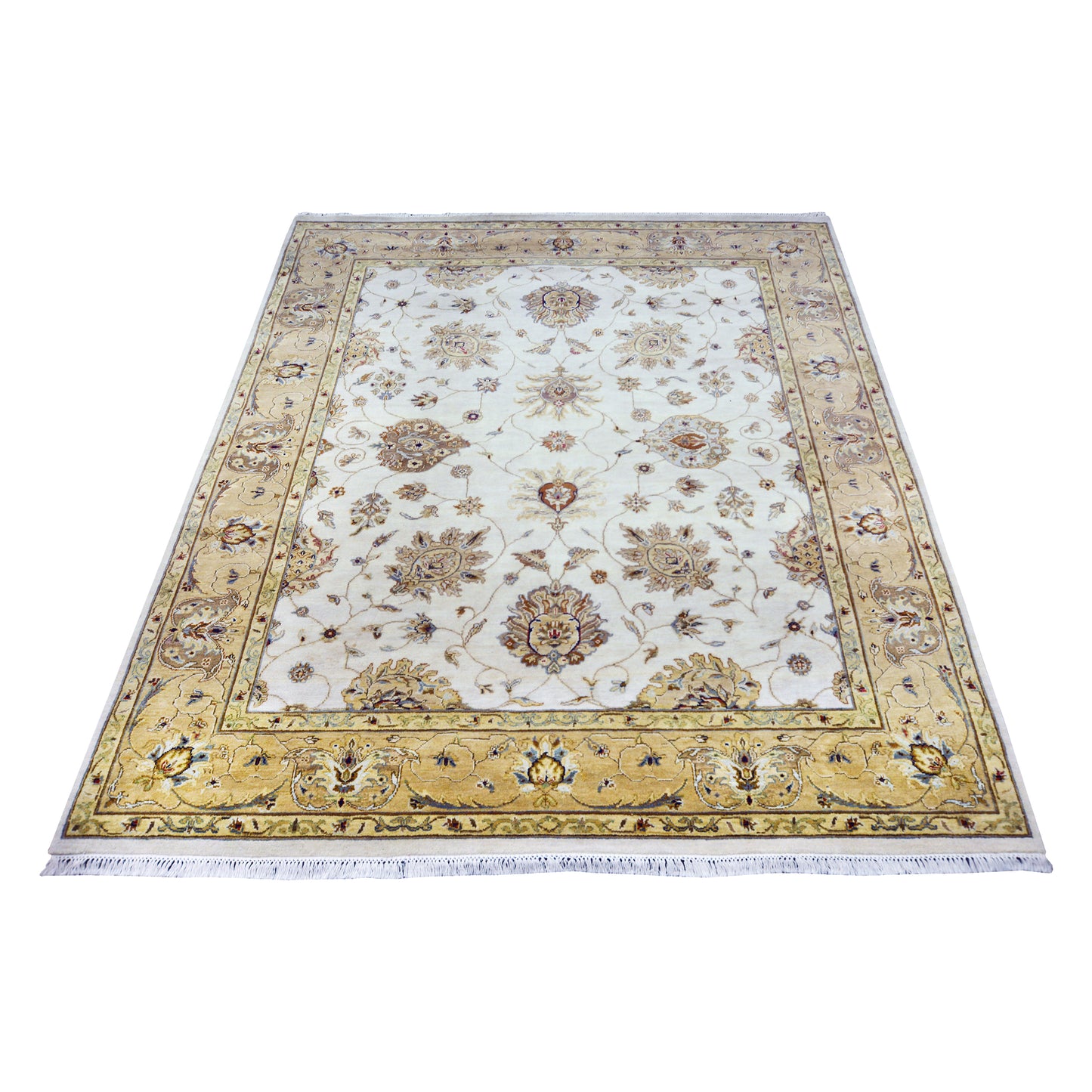 Mughal Darbar Ivory Beige and Camel Traditional Pure Wool Handknotted Area Rug
