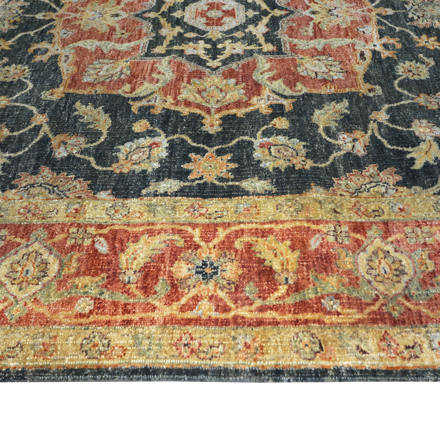 Garden Black, Red and Gold Traditional Heriz Pure Wool Handknotted 7.10x10.2Ft 237x310Cms Area Rug