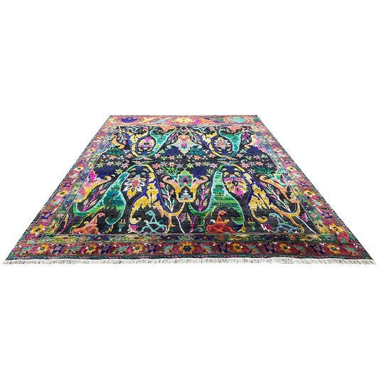 ONE OF A KIND Black and Green, Sari Silk + Silk Wool Oxidized Transitional Bidzar Handknotted 11.11x15.3ft 364x464Cms Area Rug