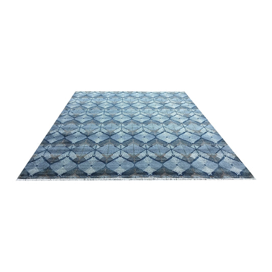 Blue and Brown, Pure Wool Carved Pile Modern Handknotted 9.0x12.0Ft 275x365Cms Area Rug