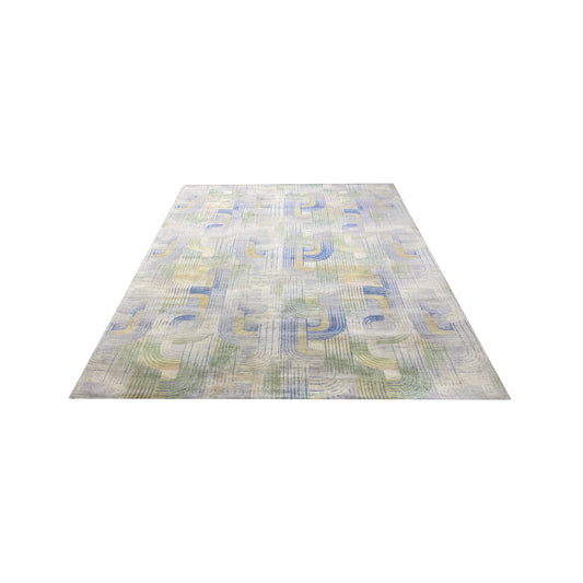Gold and Blue, Pure Silk Modern Geometrical Handknotted 9.1x12.3ft 276x373Cms Area Rug