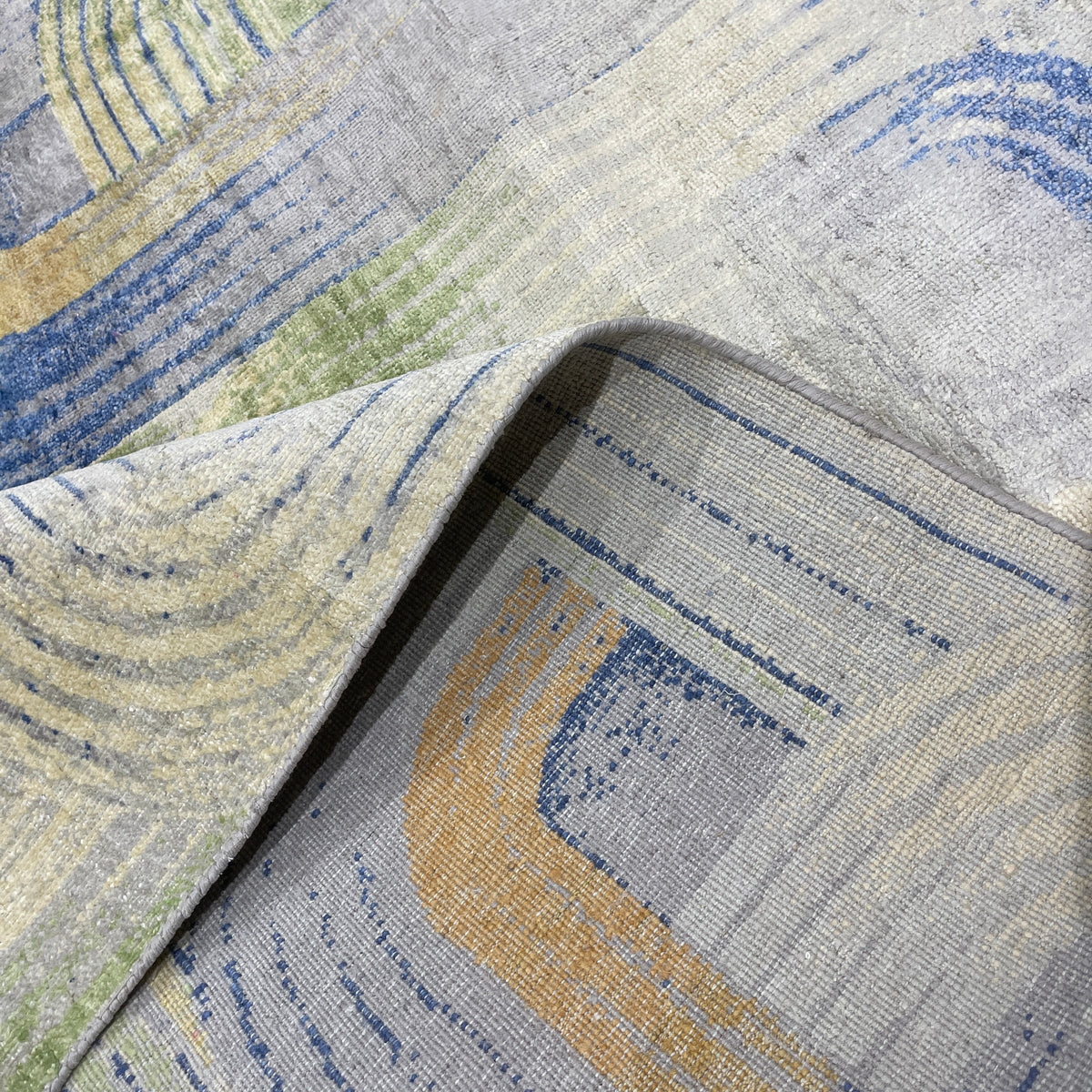 Gold and Blue, Pure Silk Modern Geometrical Handknotted 9.1x12.3ft 276x373Cms Area Rug