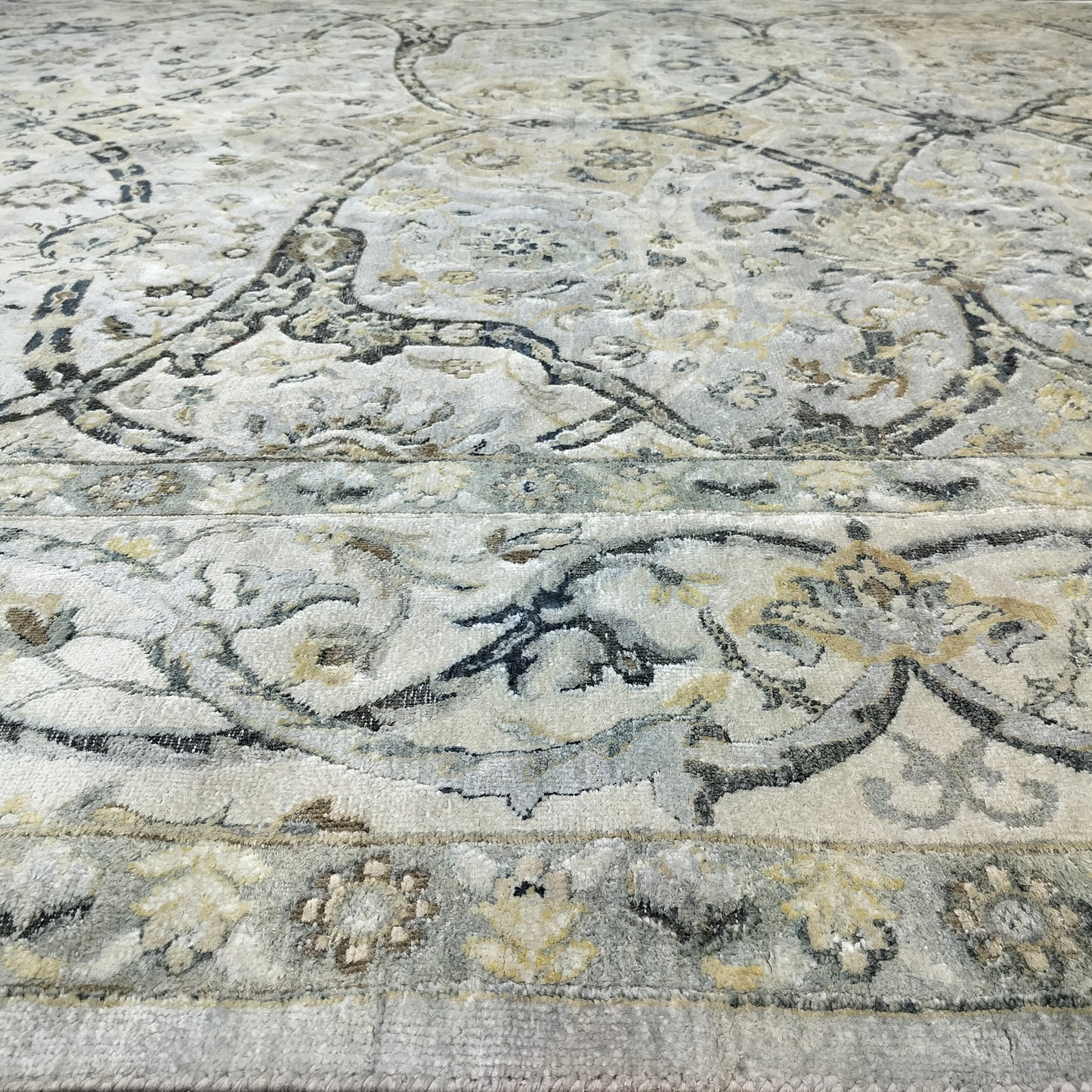 Crown Ivory, Blue, Grey and Multy Blended Silk Traditional Persian Handknotted 9.11x14.8Ft 304x448Cms Area Rug