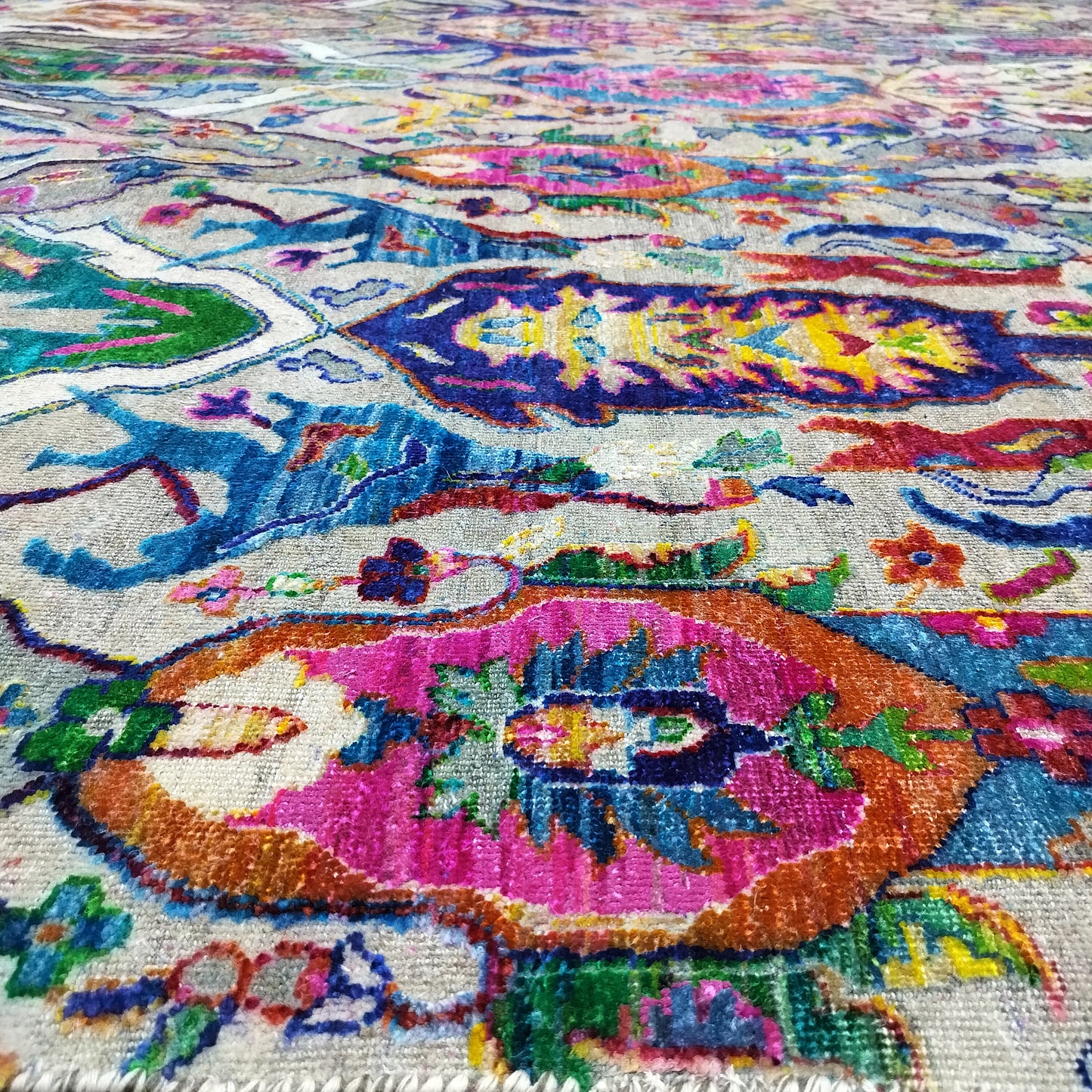 Multy Grey Sari Silk Wool Oxidized Bidzar Transitional Handknotted 9.8x13.10ft 295x420cms Area Rug