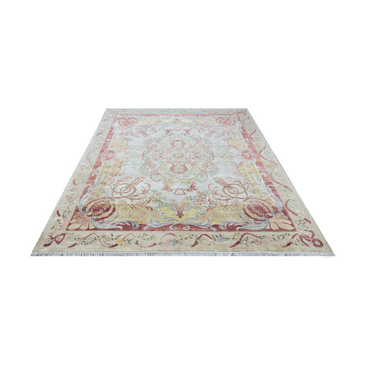 One of a Kind Ivory and Red Silk and Sari Silk Abusson Traditional Handknotted 9.0X11.9ft 275x359Cms Area Rug