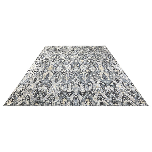 Black Grey, Silk Wool Oxidized Persian Transitional Handknotted 11.11x15.2Ft 364x463Cms Area Rug