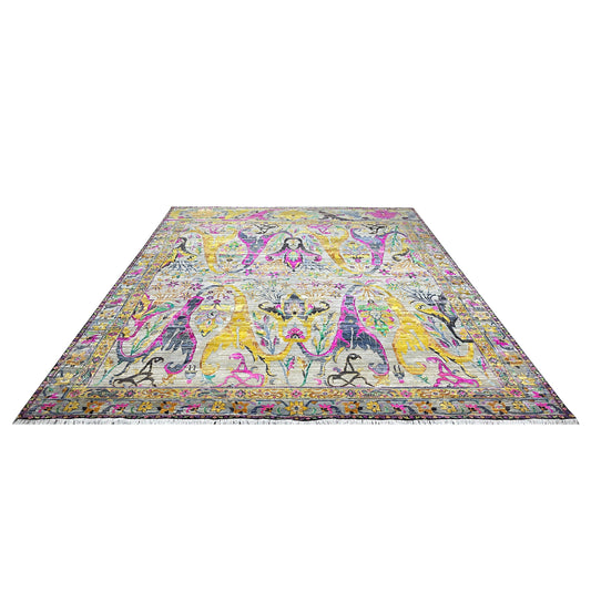 Grey and Gold, Sari Silk Wool Oxidized Transitional Bidzar Handknotted 12.1x15.0ft 367x458Cms Area Rug