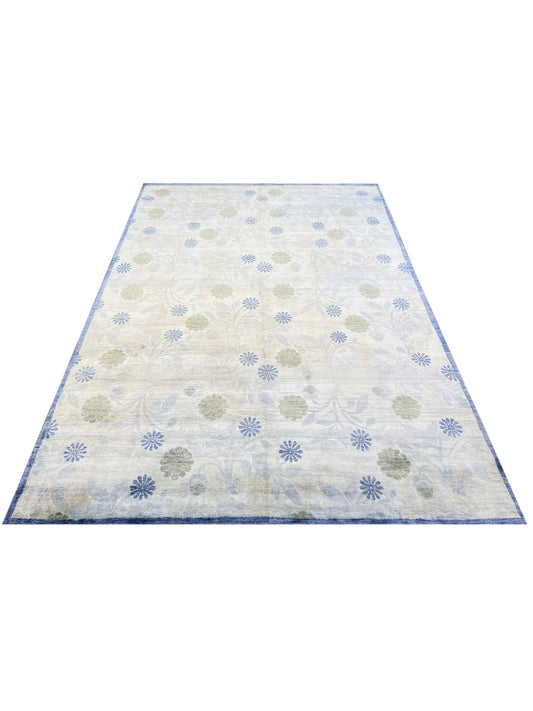 Ivory and Blue Pure Silk Modern Handknotted Area Rug 5.9x8.9ft 174X266Cms