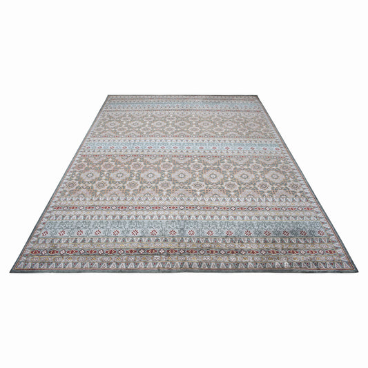 Blue Grey, Pure Silk Geometrical Transitional Handknotted 8.8x12.1Ft 264x368Cms Area Rug