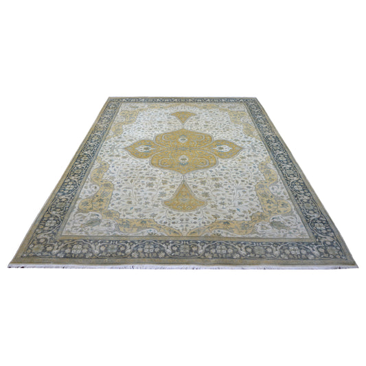 Darbar Ivory, Charcoal, Yellow and Multy Heriz Luxury Traditional Pure Wool Handknotted 9.0x12.3Ft 274x372Cms Area Rug