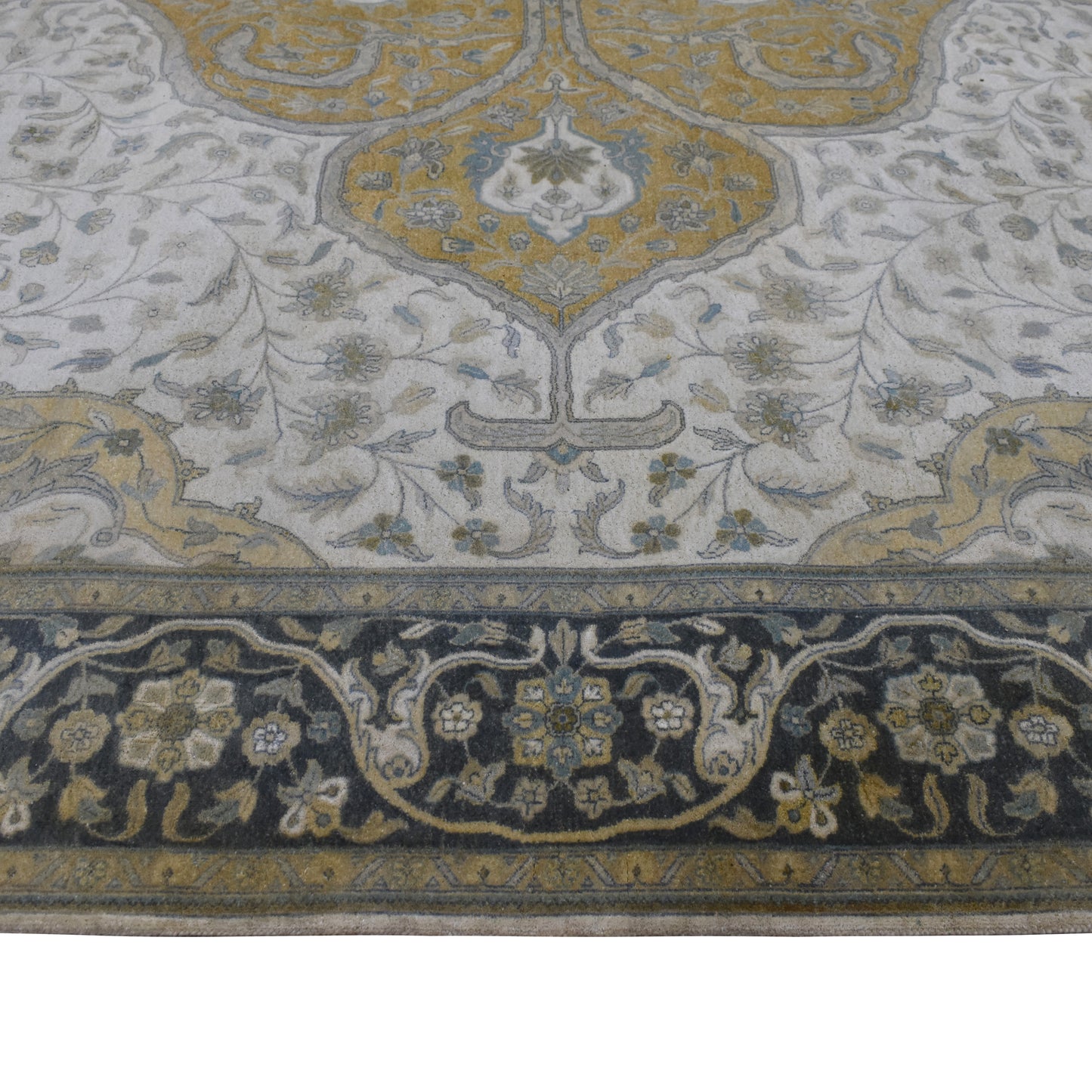Darbar Ivory, Charcoal, Yellow and Multy Heriz Luxury Traditional Pure Wool Handknotted 9.0x12.3Ft 274x372Cms Area Rug