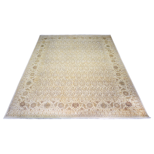 Lychee Ivory, Beige and Brown Traditional Mamluk Pure Wool Luxury Handknotted 8.0x10.5Ft 244x317Cms Area Rug