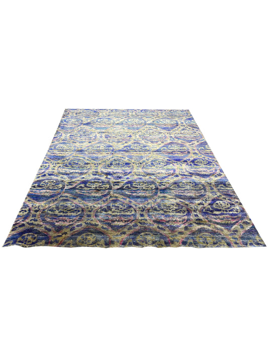 Blue, Gold Pure Sari Silk Transitional Handknotted Area Rug 7.6x10.1ft 228x306Cms