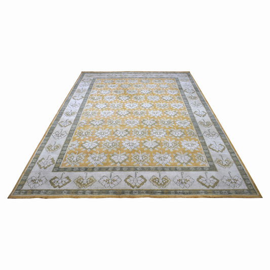 Mustard Ivory Grey, Pure Silk Transitional Handknotted 8.10x12.1Ft 269x367Cms Area Rug