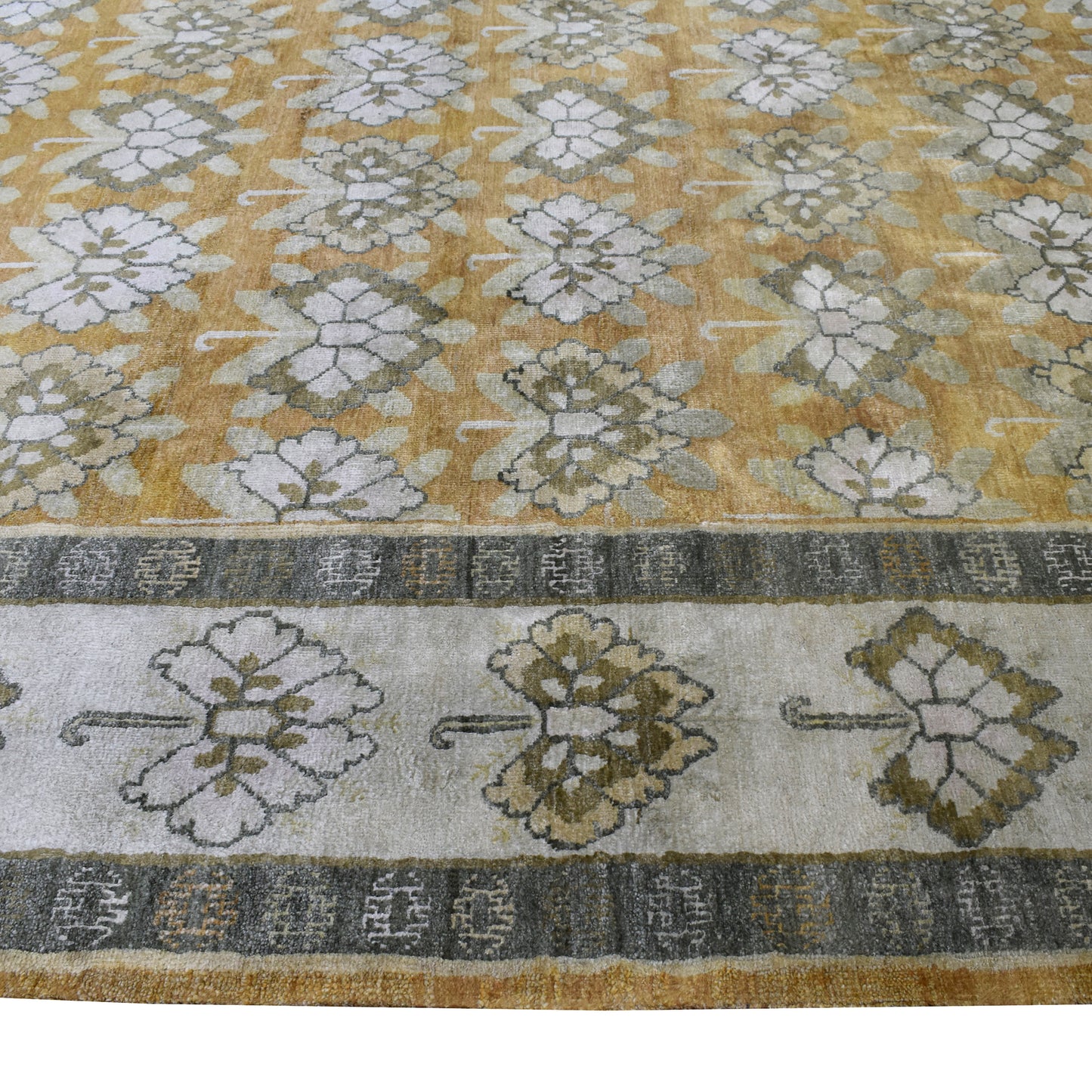 Mustard Ivory Grey, Pure Silk Transitional Handknotted 8.10x12.1Ft 269x367Cms Area Rug