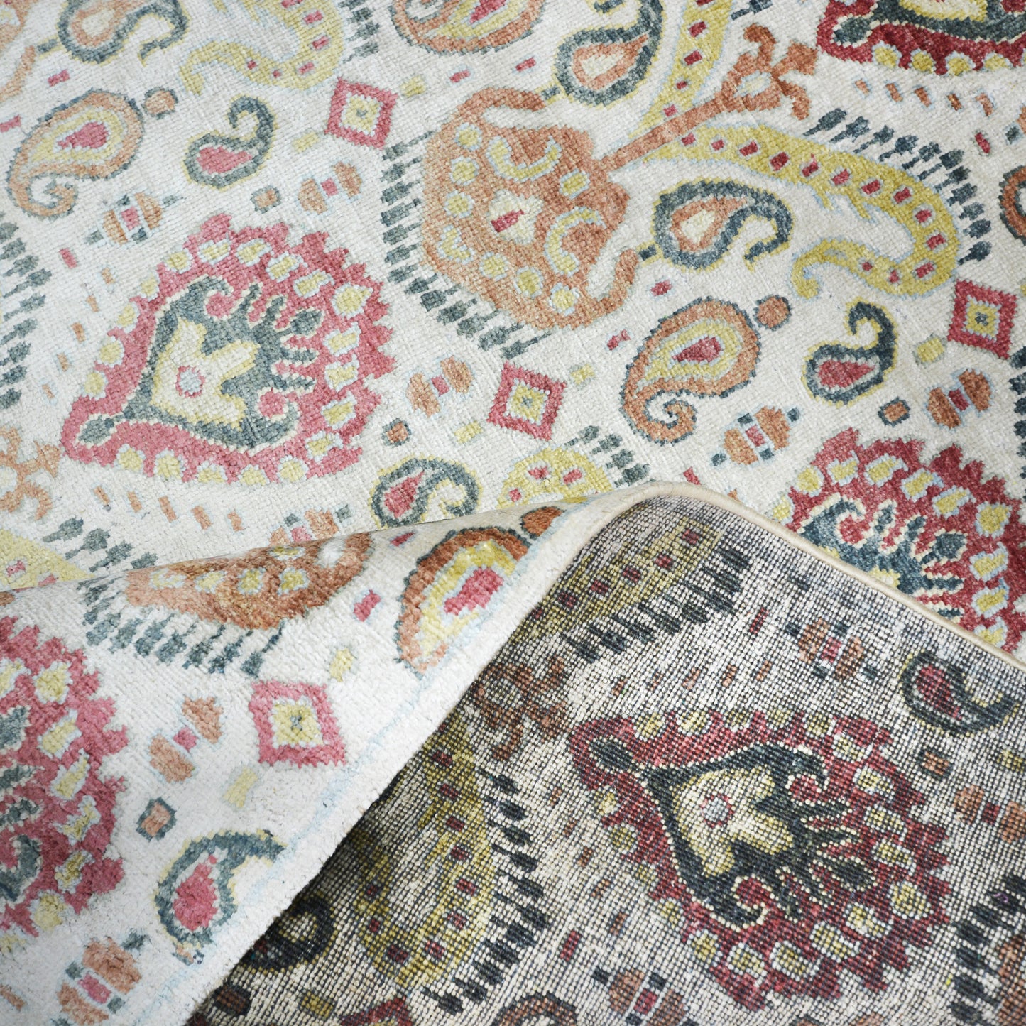 Allegra Ivory, Gold and Red Transitional Ikat Pure Silk Handknotted 7.8x9.9Ft 234x297Cms Area Rug