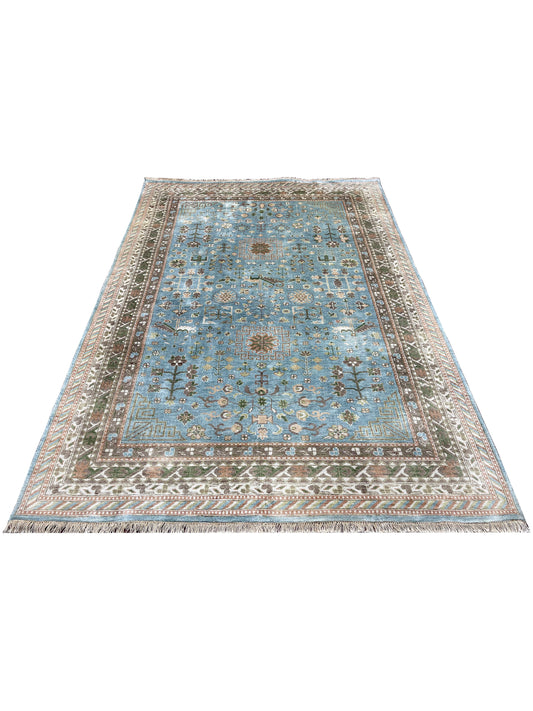 L.Blue and Ivory, Pure Silk Regular Traditional Handknotted 5.11x8.10Ft 180x268Cms Area Rug