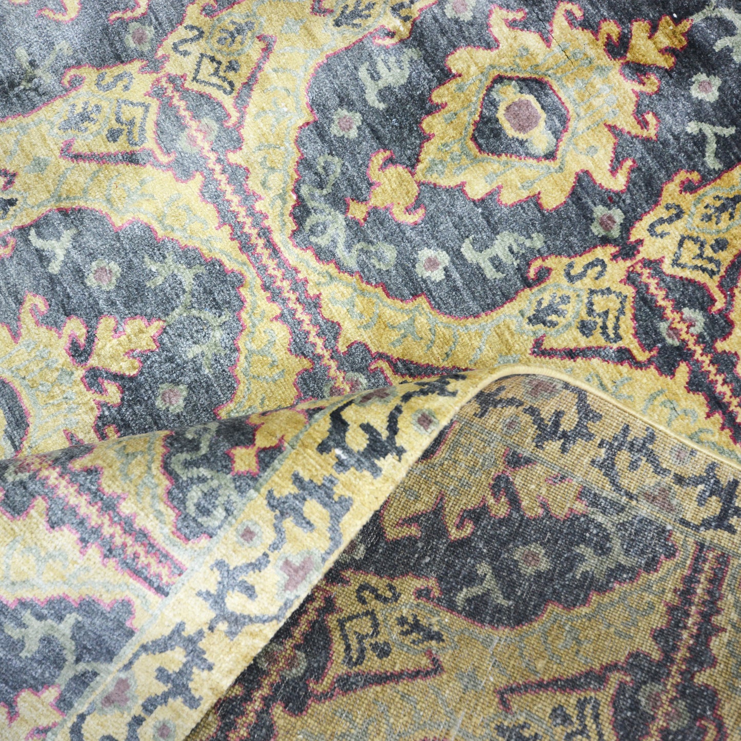 Charcoal, Gold and Ivory Transitional Damask Pure Silk Handknotted 7.9x10.1Ft 235x307Cms Area Rug