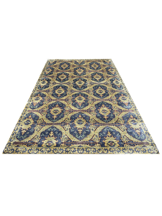Blue and Camel Silk Transitional Handknotted Area Rug 5.11x8.6ft 180x259Cms