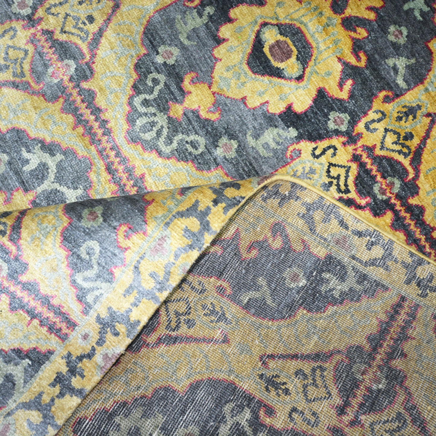 Charcoal and Gold Pure Silk Transitional Handknotted 7.9x10.2Ft 235x310Cms Area Rug