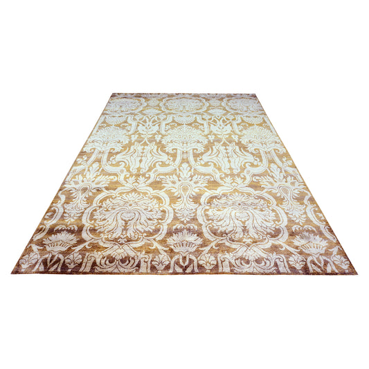Elegacy Camel, Brown and Ivory Transitional Damask Pure Silk Handknotted 7.11x10.7Ft 240x322Cms Area Rug