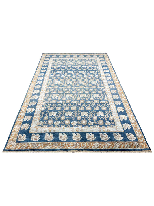 Blue and Ivory Pure Silk Handknotted Area Rug 5.11x8.10ft 180x269Cms