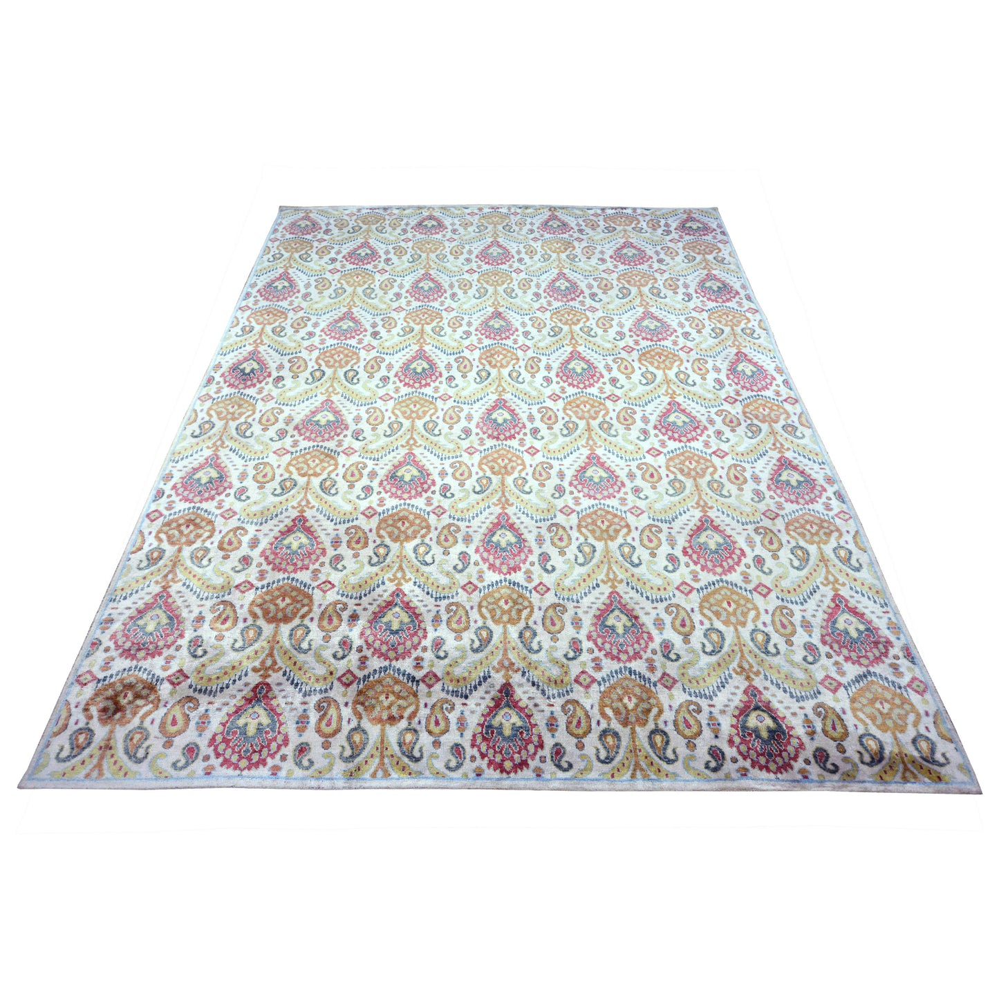 Floral Ivory, Red and Green Transitional Ikat Pure Silk Handknotted Area Rug
