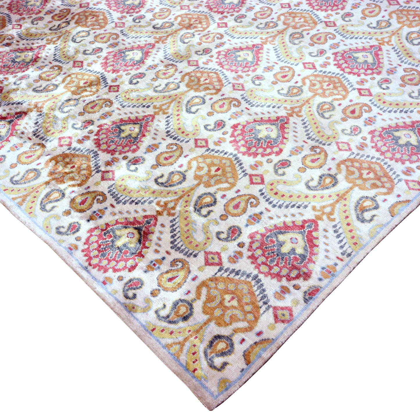 Floral Ivory, Red and Green Transitional Ikat Pure Silk Handknotted Area Rug