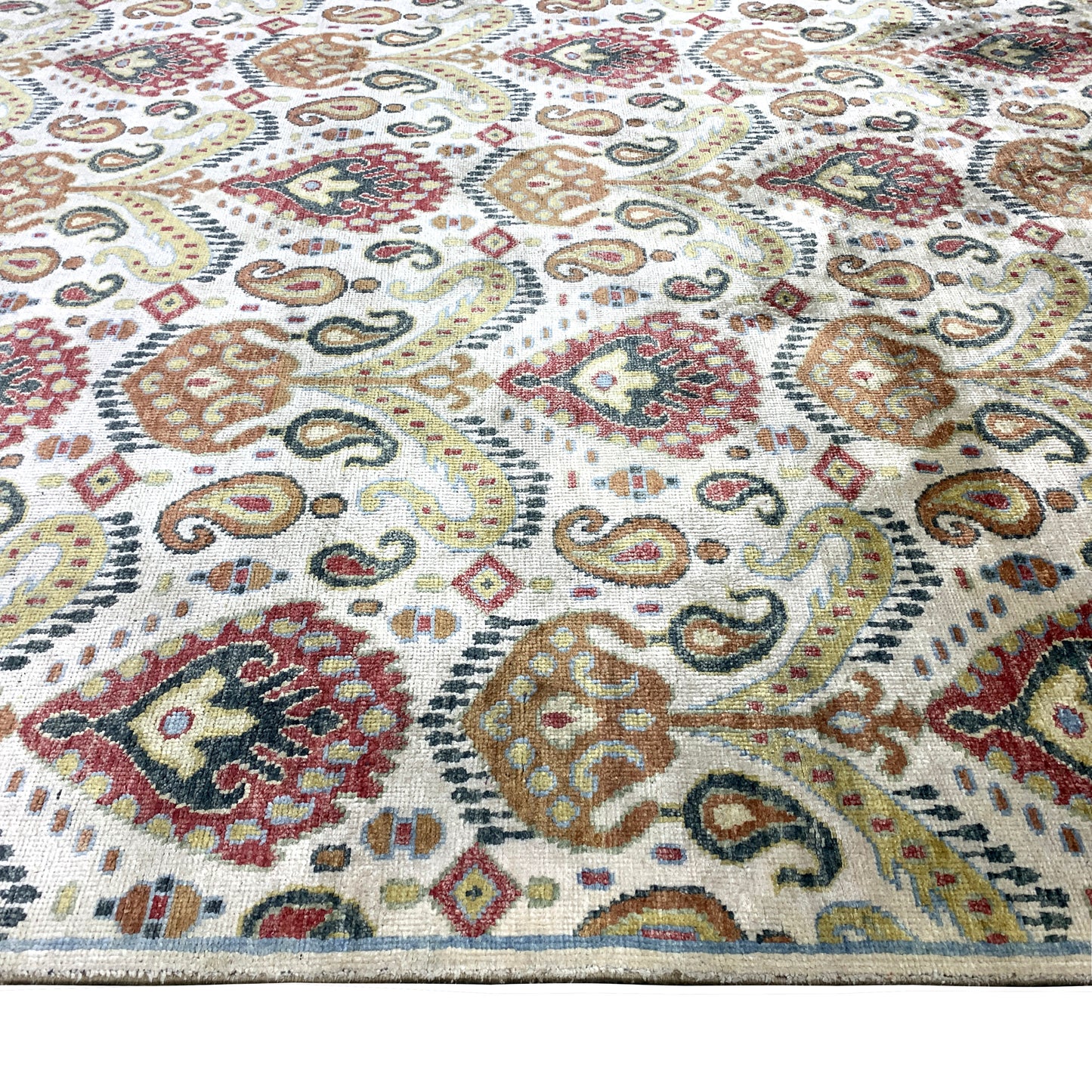 Floral Ivory, Red and Green Transitional Ikat Pure Silk Handknotted Area Rug
