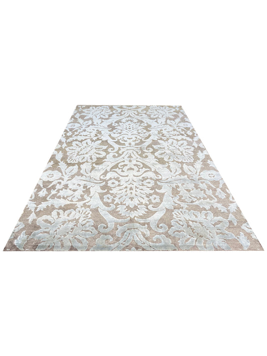 Brown and Grey, Silk and Wool Oxidized Modern Damask Handknotted 5.8x8.8Ft 171x262Cms Area Rug