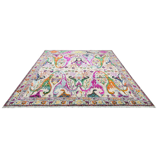 Ivory and Multy, Blended Silk + Sari Silk Transitional Bidzar Handknotted 11.11x14.11ft 362x454Cms Area Rug