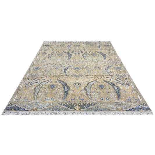 Beige and Blue, Blended Silk Transitional Persian Handknotted 9.10x14.5ft 303x442Cms Area Rug