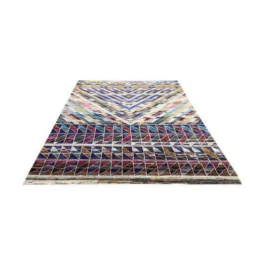 Blue and Multy, Pure Sari Silk Modern Geometrical Handknotted 8.11x11.10ft 271x360Cms Area Rug
