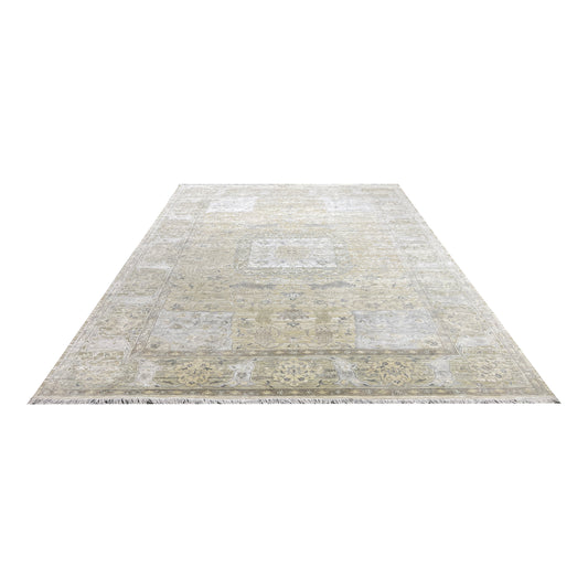 Beige and Ivory, Blended Silk Wool Oxidized Traditional Hunting Persian Handknotted 10.3x14.5ft 310x440Cms Area Rug