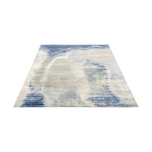 Blue and Ivory Silk and Wool Oxidized Abstract Modern Handknotted 7.11x9.11ft 244x305Cms Area Rug