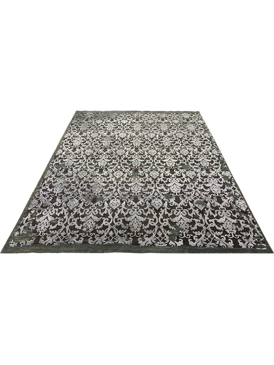 Camel, Grey Silk and Wool Transitional Damask Handknotted 7.11x10.6Ft 240x319Cms Area Rug