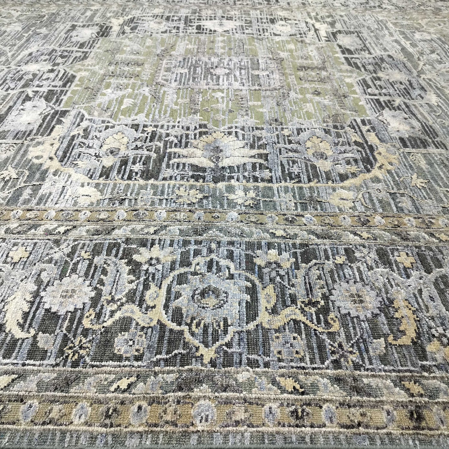 L. Blue and L. Green, Silk and Wool Oxidized Traditional Handknotted 8.10x11.10Ft 270x360Cms Area Rug