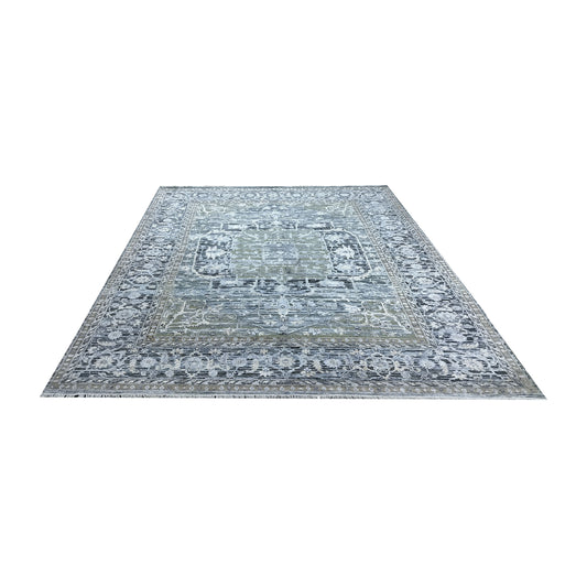 L. Blue and L. Green, Silk and Wool Oxidized Traditional Handknotted 8.10x11.10Ft 270x360Cms Area Rug