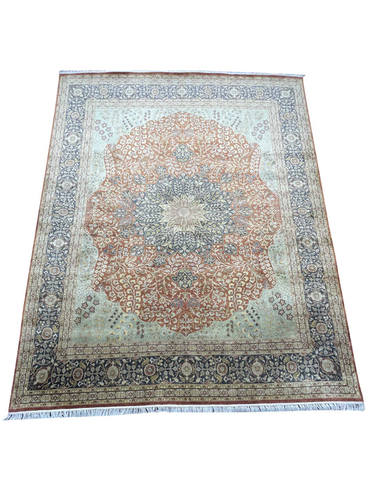 Brown and Red, Pure Silk Regular Pile Traditional Handknotted 8.0x10.0Ft 245x305Cms Area Rug