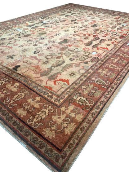 Rust and Beige, Pure Wool Antique Handknotted 11.11x17.2Ft 364x522Cms Area Rug