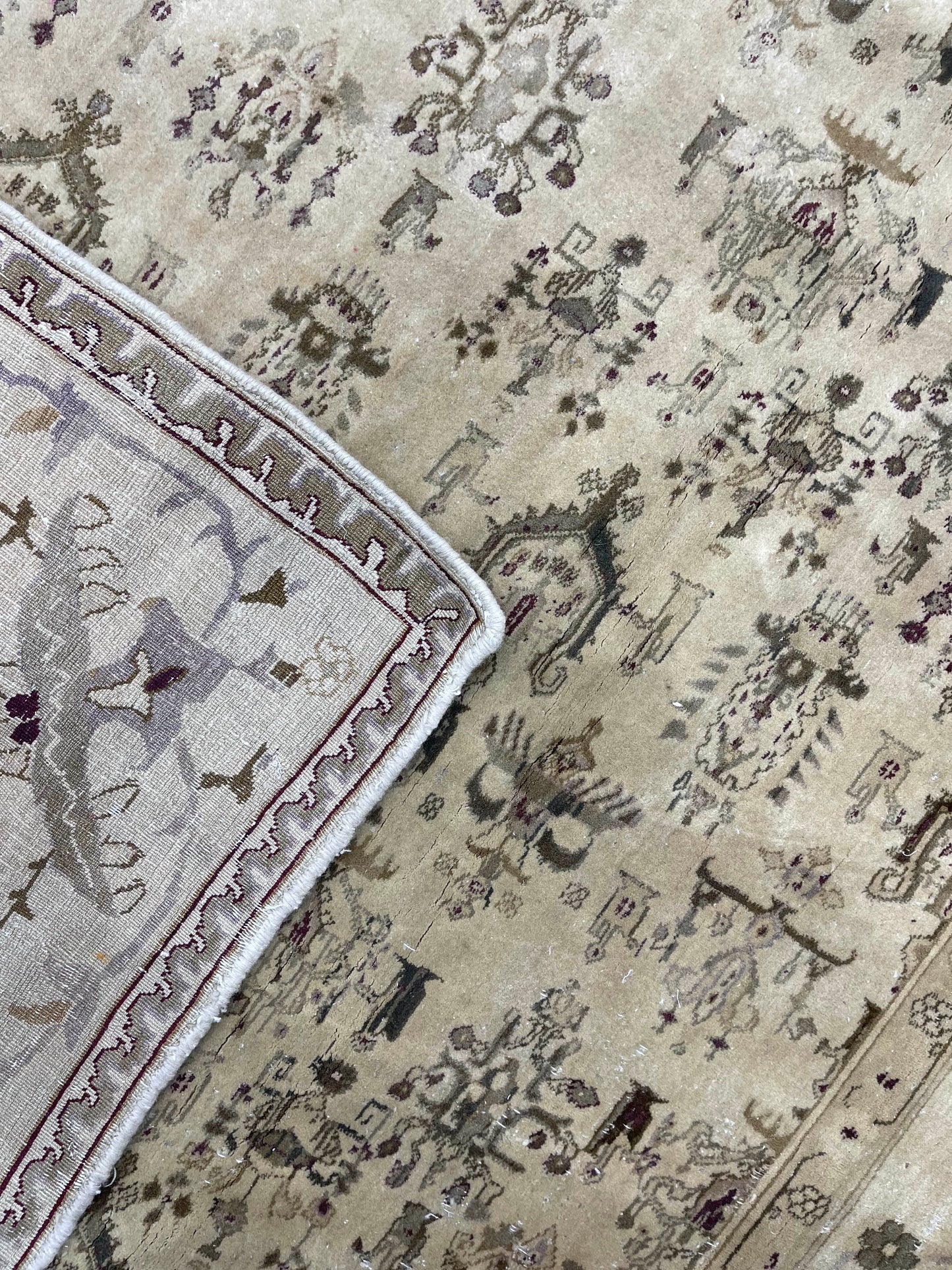 Ivory and Brown, Pure Wool Antique Handknotted 10.10x14.10Ft 329x451Cms Area Rug