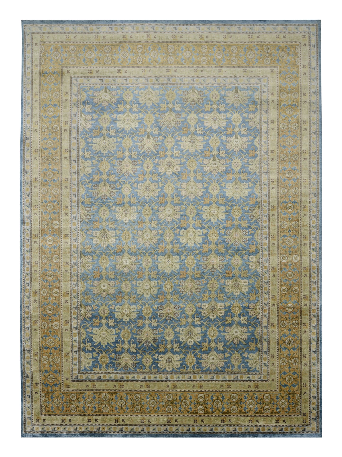 Blue and Camel Pure Silk Transitional Samarkand Handknotted Area Rug