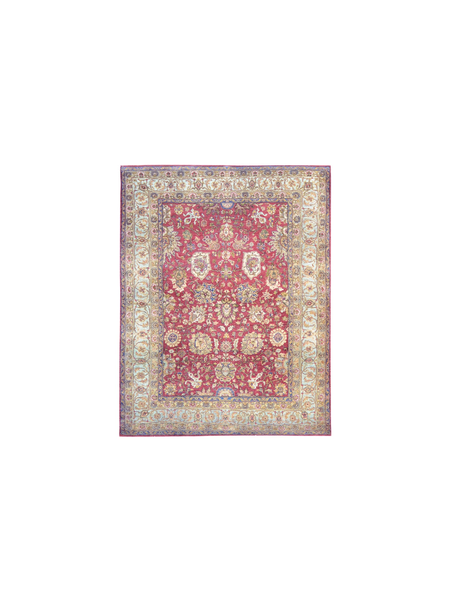 Red and L.Blue, Pure Wool Regular Traditional Handknotted 4.11x6.6Ft 150x197Cms Area Rug