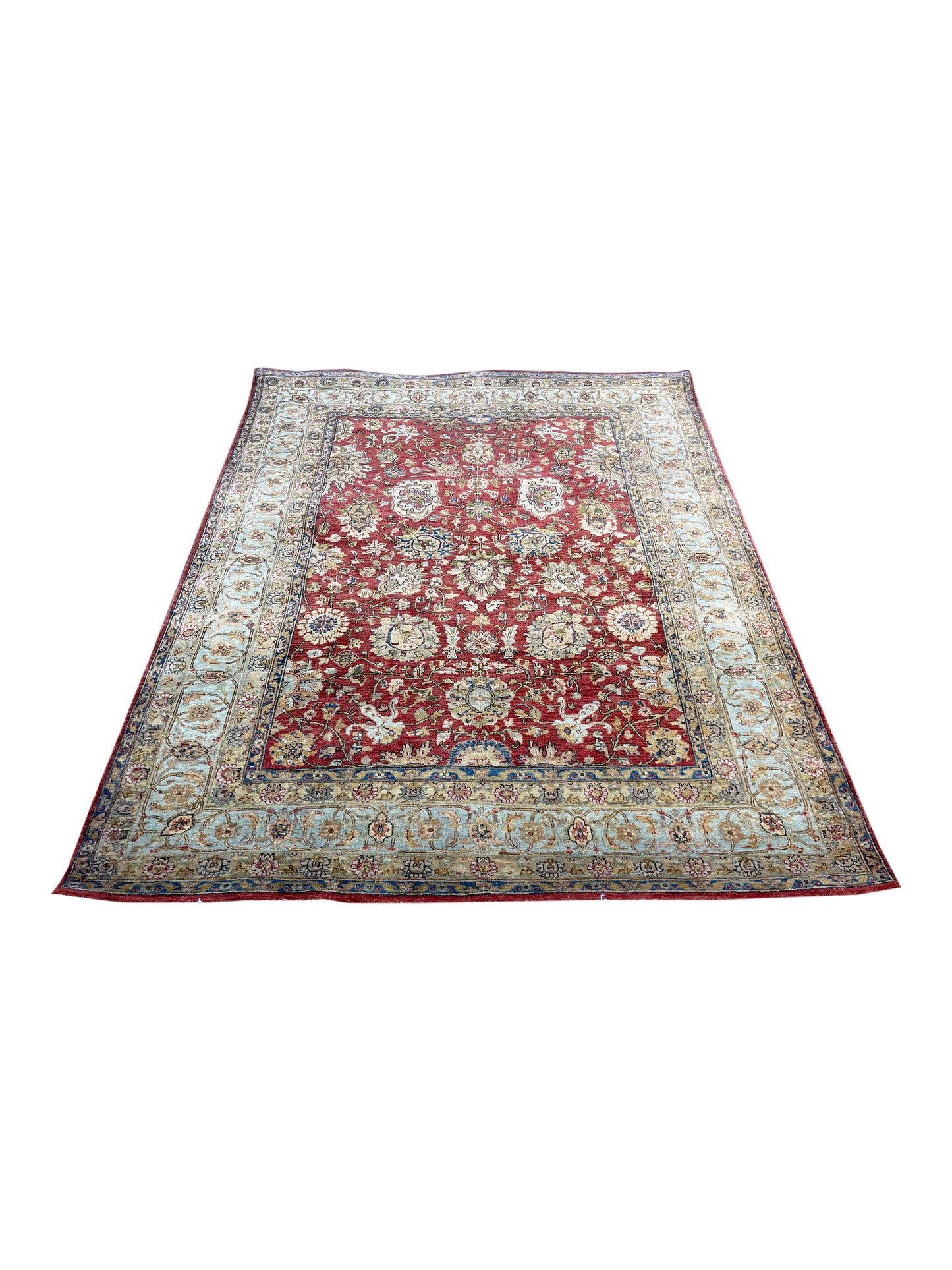 Red and L.Blue, Pure Wool Regular Traditional Handknotted 4.11x6.6Ft 150x197Cms Area Rug
