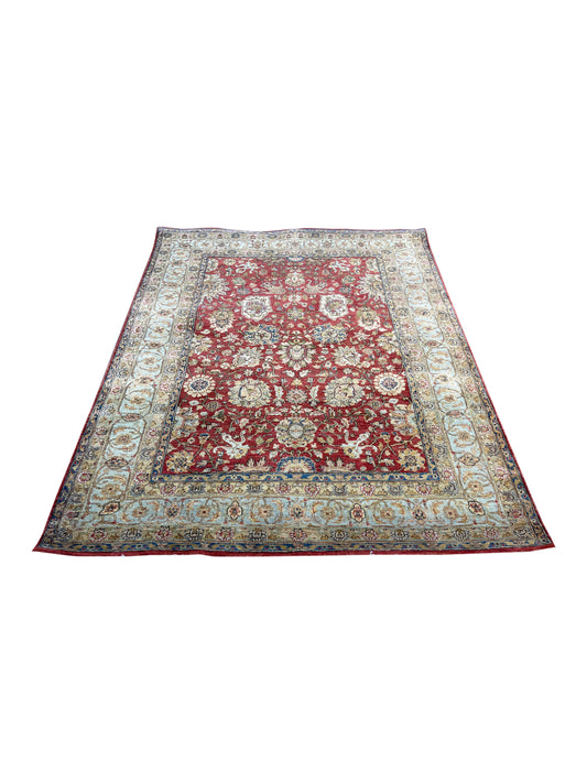 Red and L.Blue, Pure Wool Regular Traditional Handknotted 4.11x6.6Ft 150x197Cms Area Rug