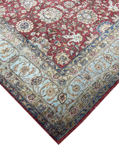 Red and L.Blue, Pure Wool Regular Traditional Handknotted 4.11x6.6Ft 150x197Cms Area Rug