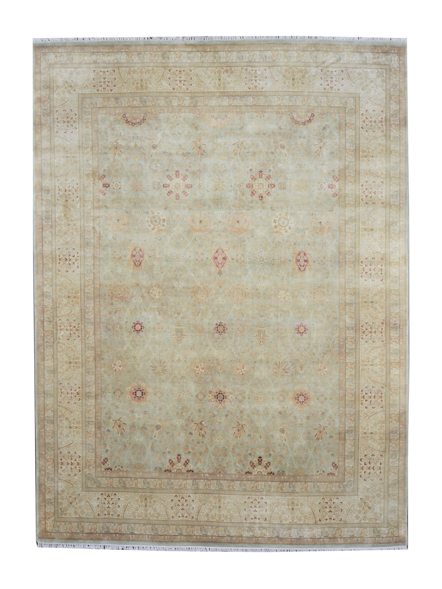 L.Blue and Camel Pure Silk Ethnic Handknotted Area Rug 9.0x12.2ft 274x371Cms