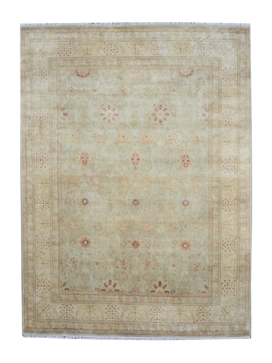 L.Blue and Camel Pure Silk Ethnic Handknotted Area Rug 9.0x12.2ft 274x371Cms