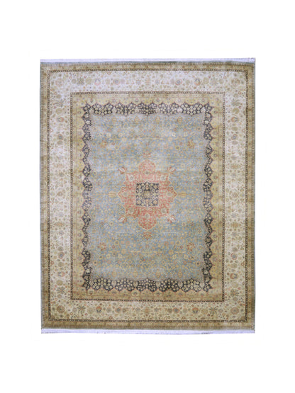 Blue and Ivory Pure Silk Traditional Luxury Handknotted Area Rug