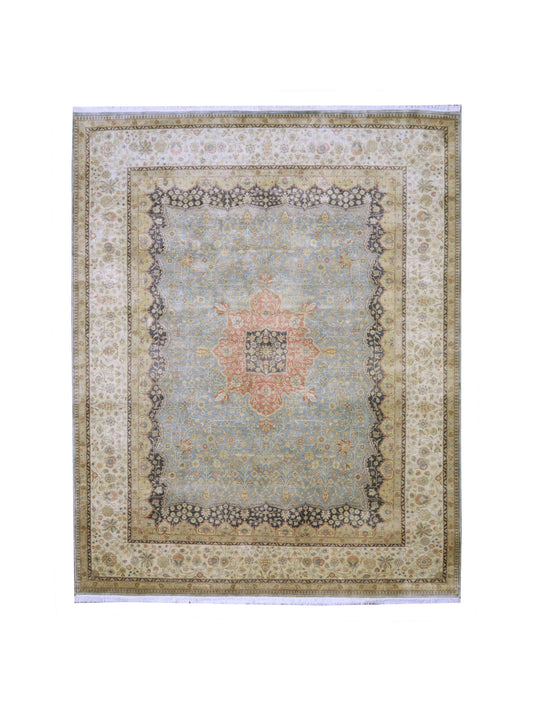 Blue and Ivory Pure Silk Traditional Luxury Handknotted Area Rug